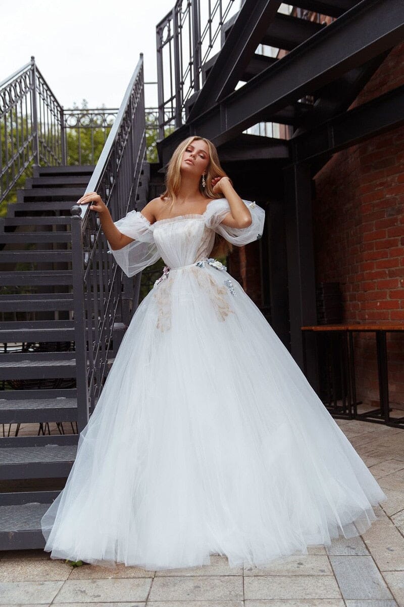 15423# Modern A-line Wedding Dress Modern Appliques Lace Tulle Low Back Bridal Gown Puffy Sleeves Custom Made 0 BlissGown 