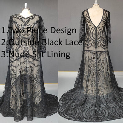 2 Piece in 1 Bohemian Vintage Long Sleeve Photo Shoot Wedding Dress Boho Wedding Dresses BlissGown Black Nude 14 