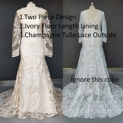 2 Piece in 1 Bohemian Vintage Long Sleeve Photo Shoot Wedding Dress Boho Wedding Dresses BlissGown Ivory No Slit 10 