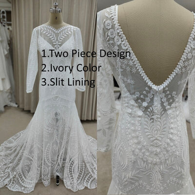 2 Piece in 1 Bohemian Vintage Long Sleeve Photo Shoot Wedding Dress Boho Wedding Dresses BlissGown Ivory Open Back Custom Size 