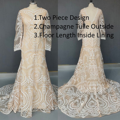 2 Piece in 1 Bohemian Vintage Long Sleeve Photo Shoot Wedding Dress Boho Wedding Dresses BlissGown No Slit Nude 4 