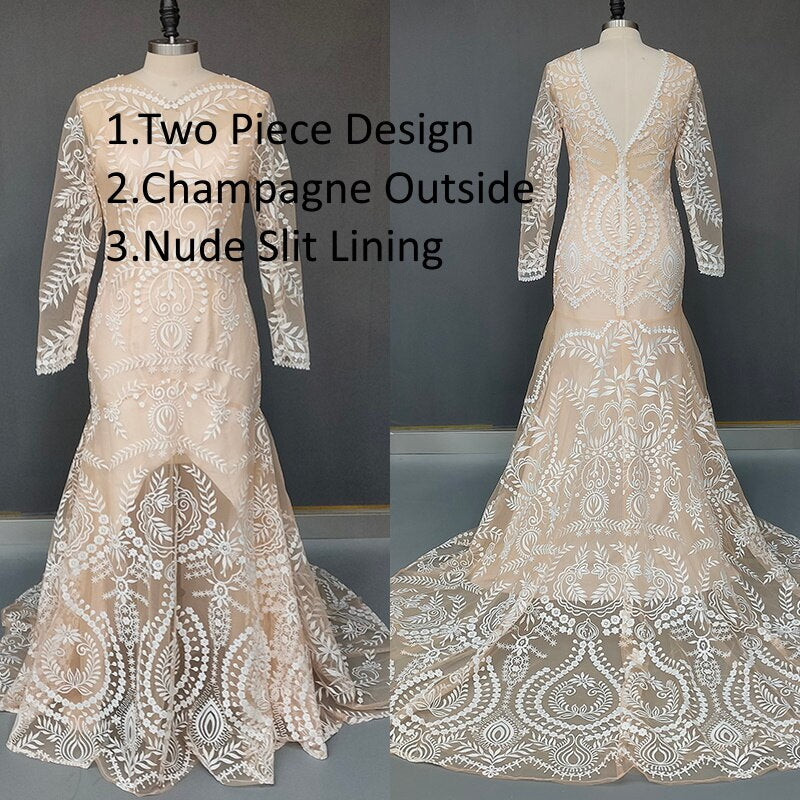 2 Piece in 1 Bohemian Vintage Long Sleeve Photo Shoot Wedding Dress Boho Wedding Dresses BlissGown Slit Nude Lining 4 