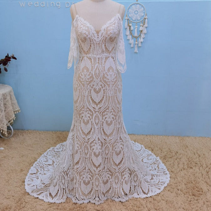 Crochet Lace Detachable Sleeves Spaghetti Straps Open Back Boho Bridal Gown