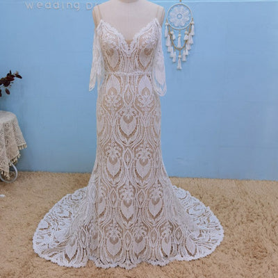 Crochet Lace Detachable Sleeves Spaghetti Straps Open Back Boho Bridal Gown