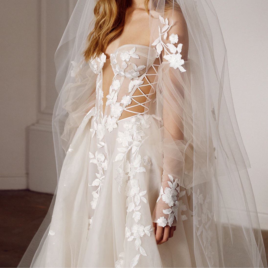 3D Flower Appliques Lace A-Line Beach Puff Sleeves Wedding Dress Boho Wedding Dresses BlissGown 
