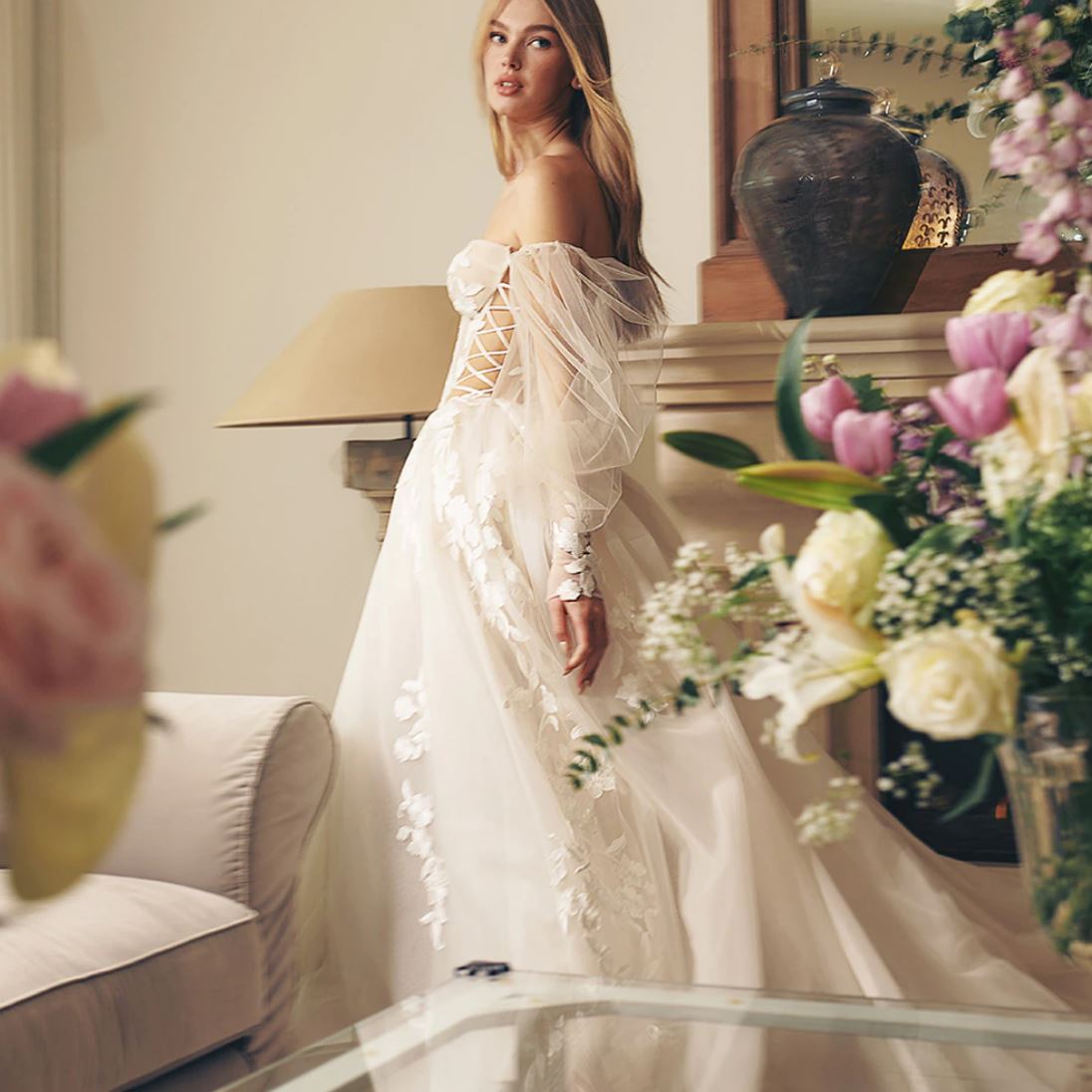 3D Flower Appliques Lace A-Line Beach Puff Sleeves Wedding Dress Boho Wedding Dresses BlissGown 