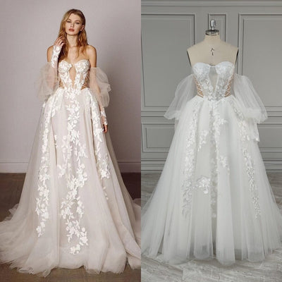 3D Flower Appliques Lace A-Line Beach Puff Sleeves Wedding Dress Boho Wedding Dresses BlissGown As Picture 2 
