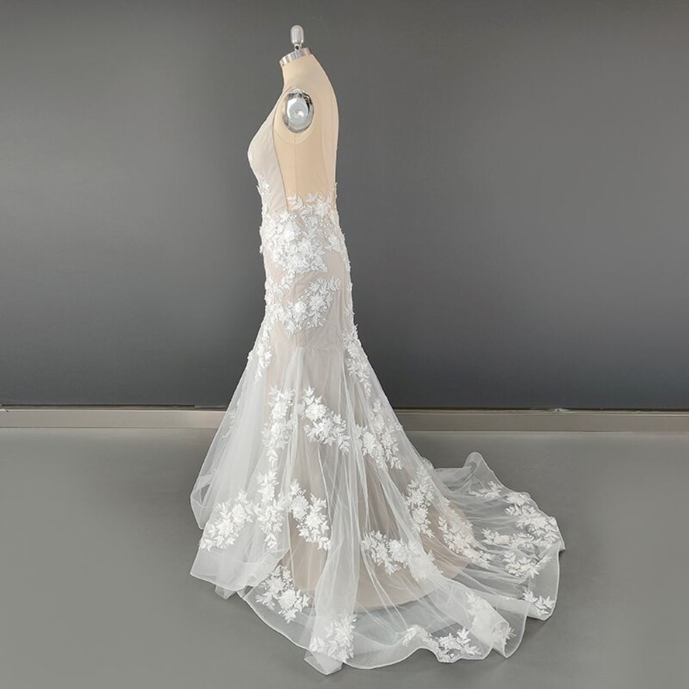 3D Flowers Illusion Lace Backless Bohemian Wedding Dress Boho Wedding Dresses BlissGown 
