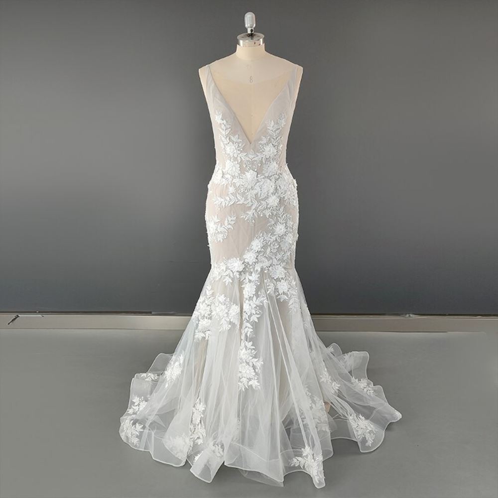 3D Flowers Illusion Lace Backless Bohemian Wedding Dress Boho Wedding Dresses BlissGown 