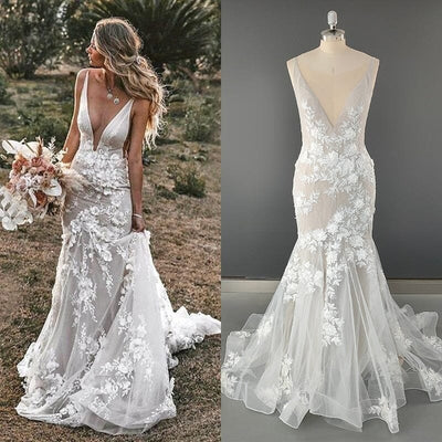 3D Flowers Illusion Lace Backless Bohemian Wedding Dress Boho Wedding Dresses BlissGown As Picture 2 