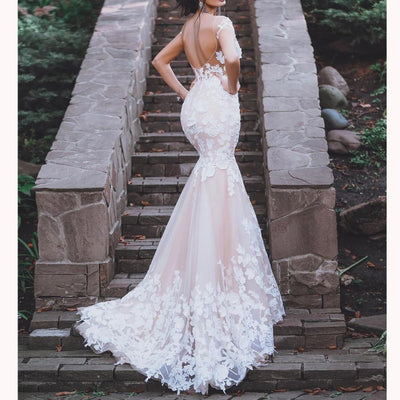 3D Flowers Lace Backless Off Shoulder Wedding Dress Romantic Wedding Dresses BlissGown 