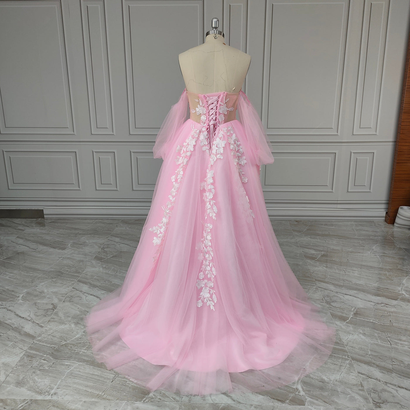 3D Flowers Polka Dots Lace A-line High Slit Wedding Dress Boho Wedding Dresses BlissGown 