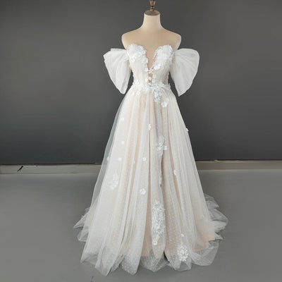 3D Flowers Polka Dots Lace A-line High Slit Wedding Dress Boho Wedding Dresses BlissGown As Picture Custom Size 