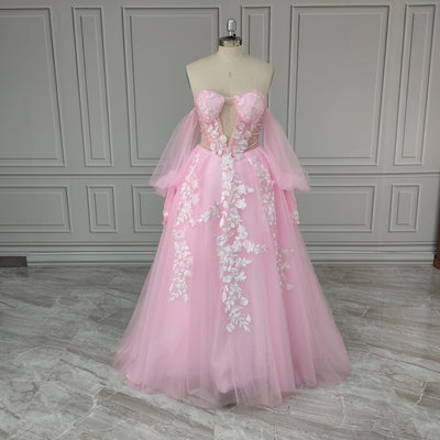 3D Flowers Polka Dots Lace A-line High Slit Wedding Dress Boho Wedding Dresses BlissGown Pink Custom Size 