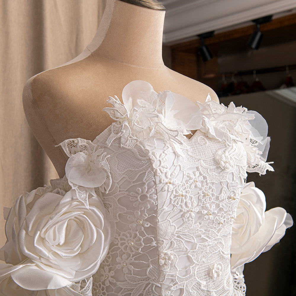 3D Rose Flower Luxury Princess Pearls Corset Lace Mermaid Bridal Gown Vintage Wedding Dresses BlissGown 