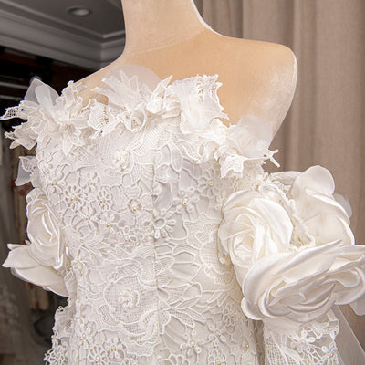 3D Rose Flower Luxury Princess Pearls Corset Lace Mermaid Bridal Gown Vintage Wedding Dresses BlissGown 
