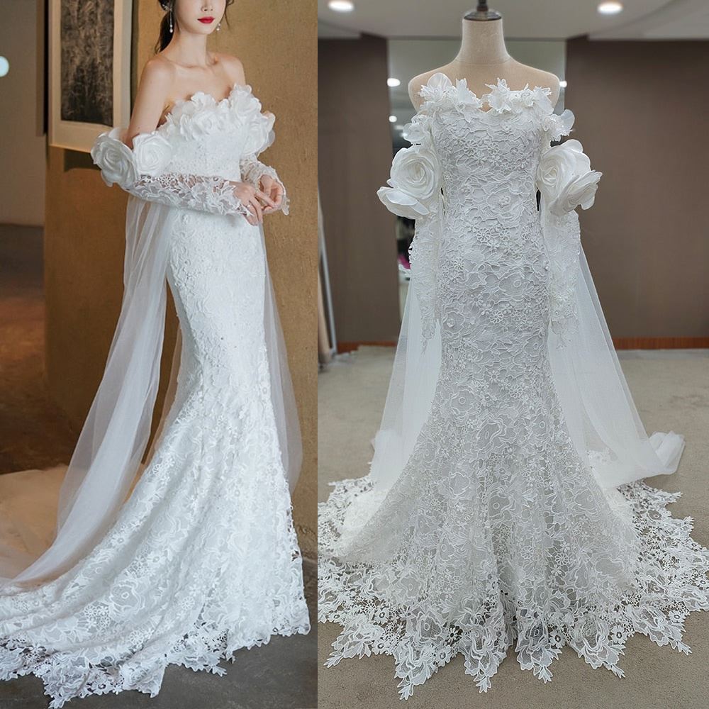 3D Rose Flower Luxury Princess Pearls Corset Lace Mermaid Bridal Gown Vintage Wedding Dresses BlissGown White 2 