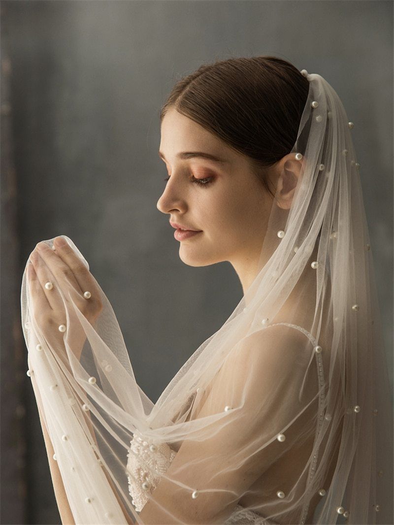 Pearls Long Veil Wedding Long Train White Ivory 3 Meters Cathedral
