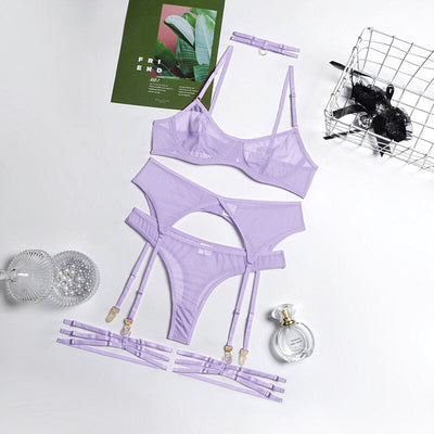 4 Pieces Sexy Underwear Bra Garters Lingerie Set Accessories BlissGown Light Purple S 