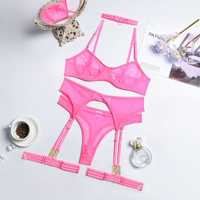 4 Pieces Sexy Underwear Bra Garters Lingerie Set Accessories BlissGown Neon Pink S 