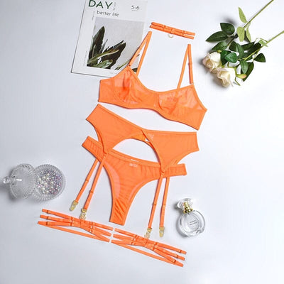 4 Pieces Sexy Underwear Bra Garters Lingerie Set Accessories BlissGown Orange S 