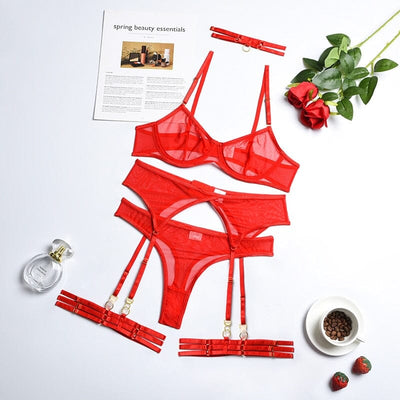 4 Pieces Sexy Underwear Bra Garters Lingerie Set Accessories BlissGown Red S 