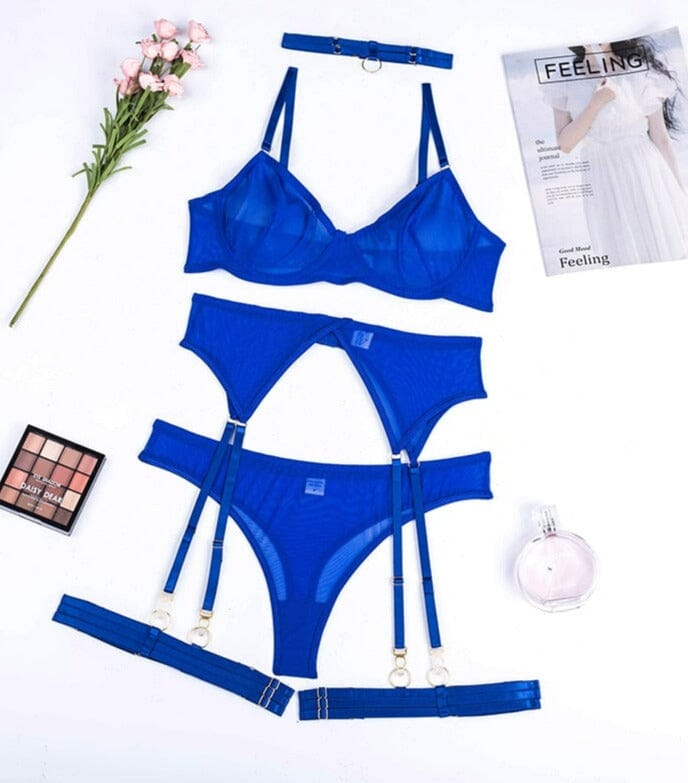 4 Pieces Sexy Underwear Bra Garters Lingerie Set Accessories BlissGown Royal Blue S 