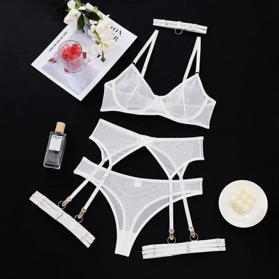 4 Pieces Sexy Underwear Bra Garters Lingerie Set Accessories BlissGown White S 
