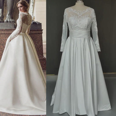 Sweep Train Elegant Long Sleeve Appliqued Bride Dress