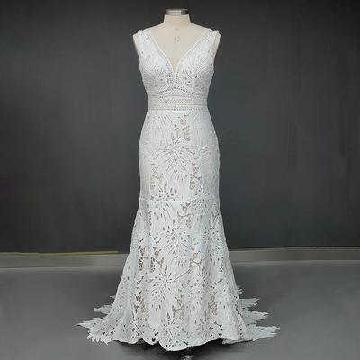 Allover Lace Deep V Neckline Cutout Scalloped Train Rustic Bridal Gown