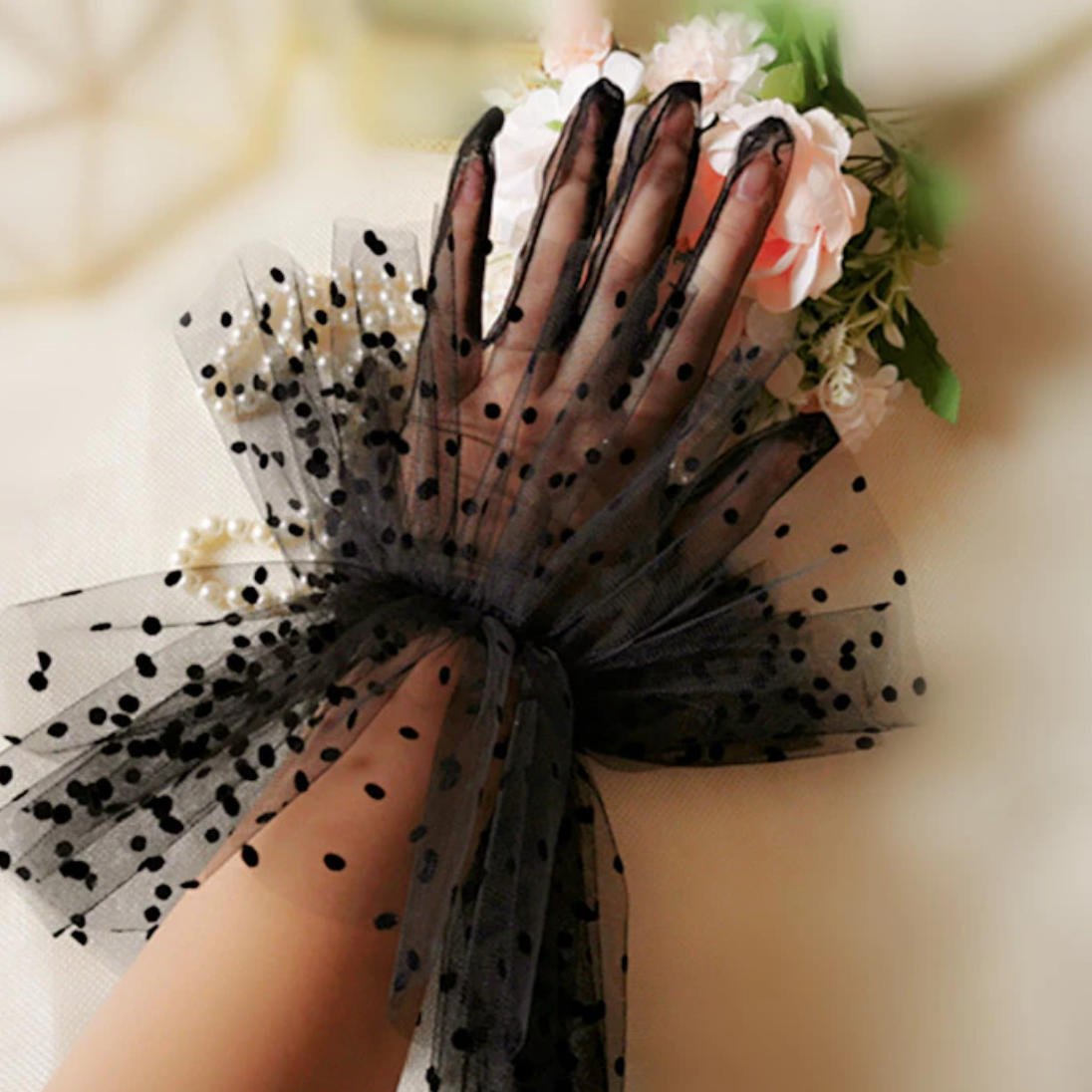 Black Dotted Bridal Gloves