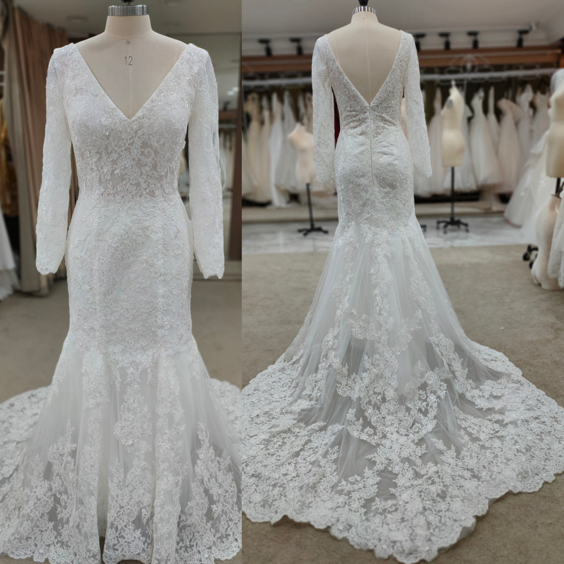 V-Neck Long Sleeve Lace Sheath Bohemian Simple Wedding Dress