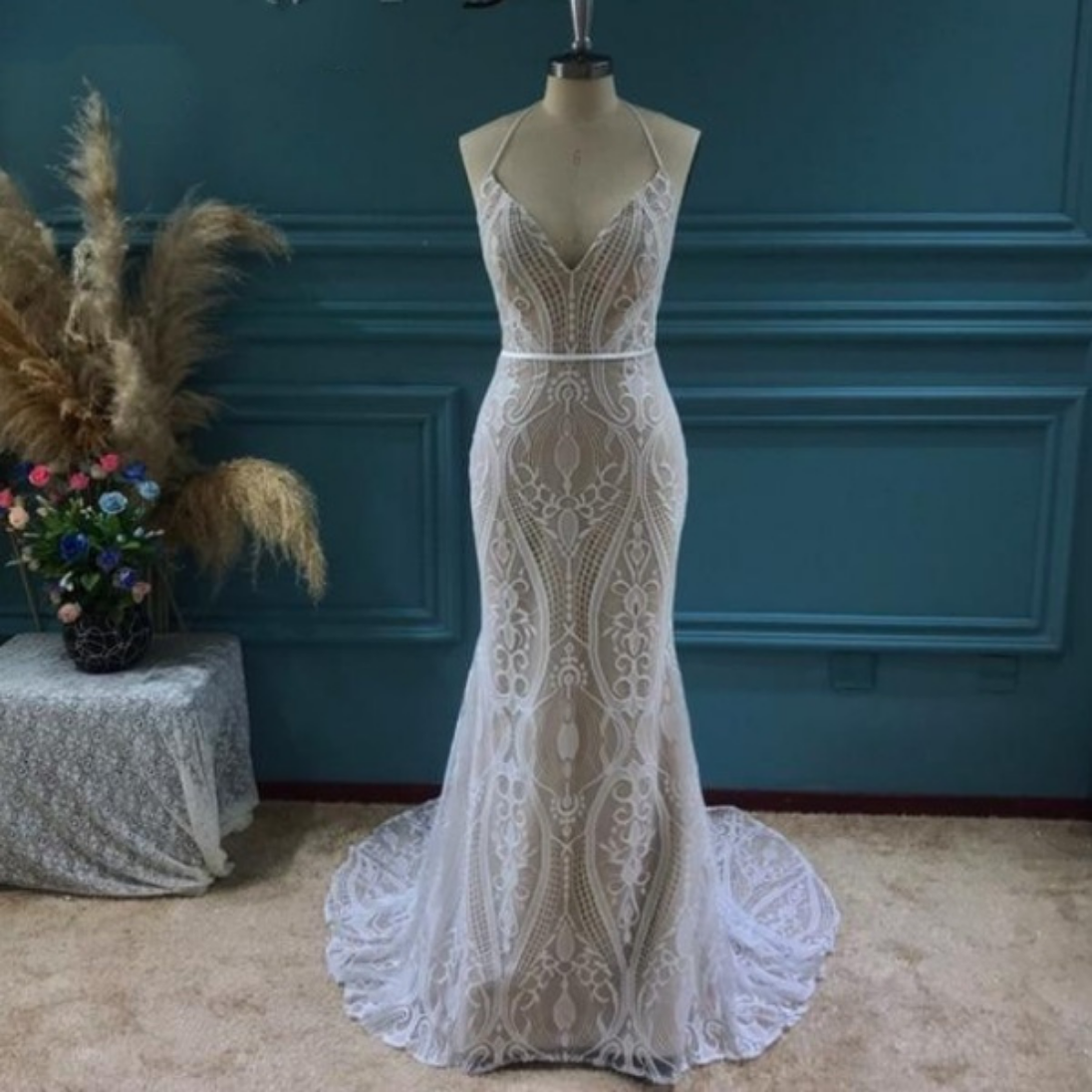 Bohemian Lace Sleeveless Open Back Wedding Dress