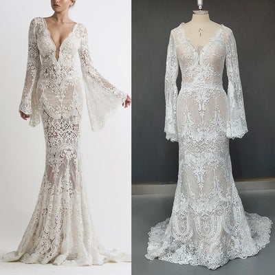 Cutout Lace Boho Long Batwing Sleeves Flattering Open Back Bridal Gown