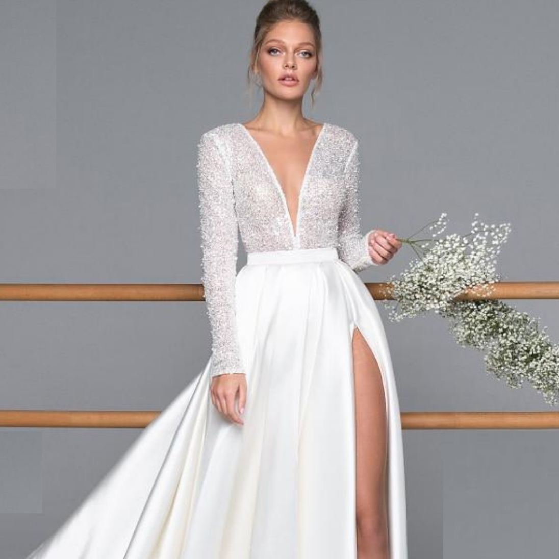 Luxury Long Sleeve Satin Beaded Train Illusion Wedding Dress