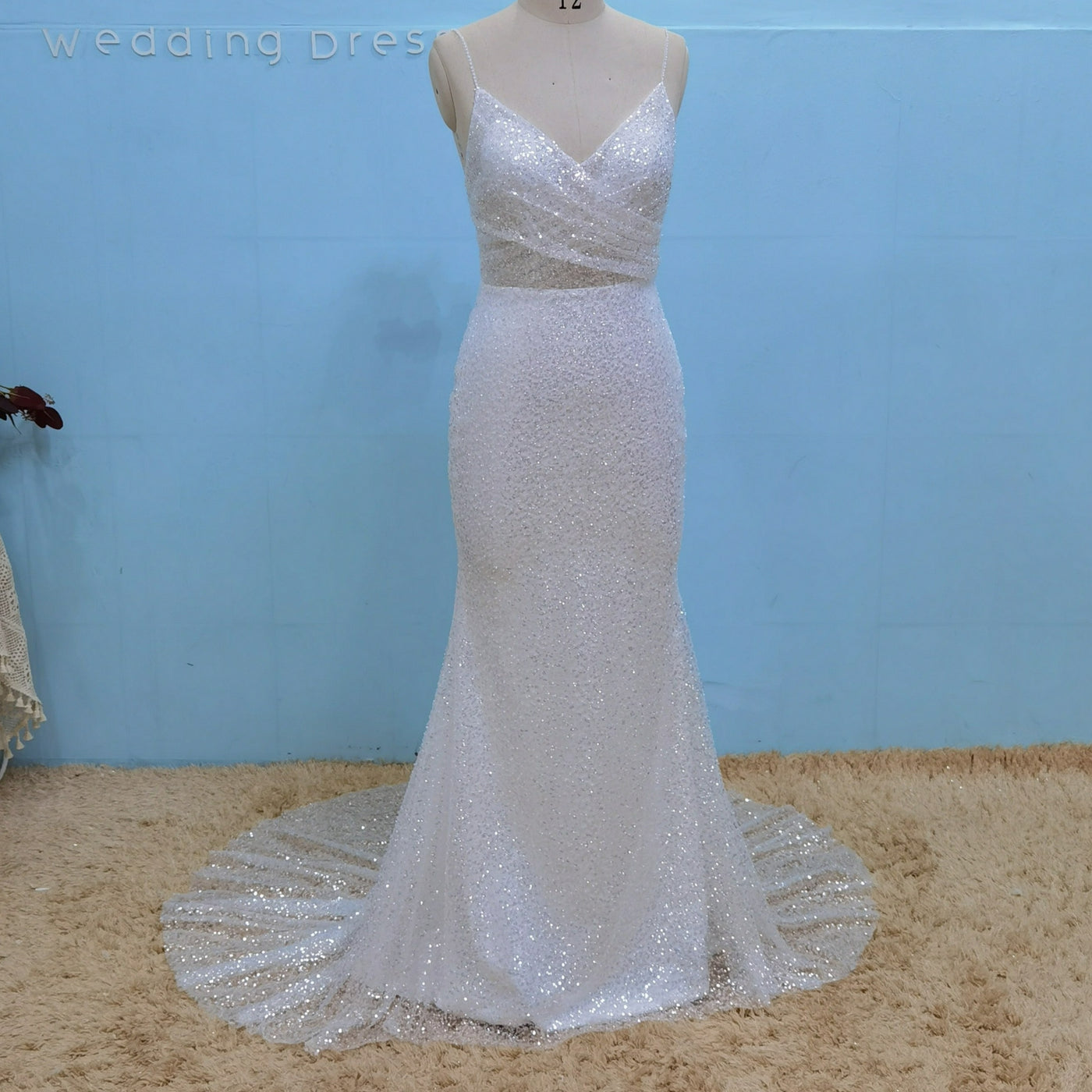 Luxury Beading Sequined Sexy Spaghetti Straps V Neck Backless Bridal Gown