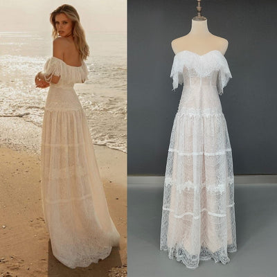 Beach Off Shoulder Ruffles A-Line Floor Length Wedding Dress
