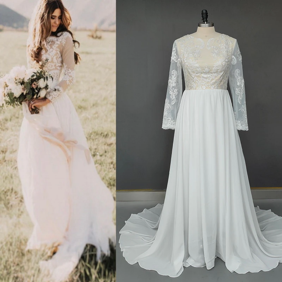 Long Sleeve Sweep Train Lace Bohemian Wedding Dress