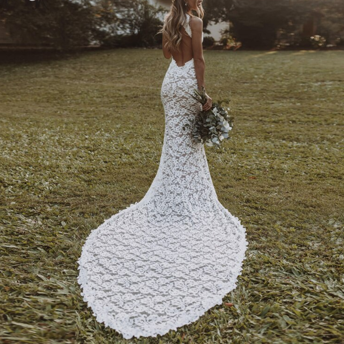 Slit Backless Lace Beach Bohemian Bridal Gown