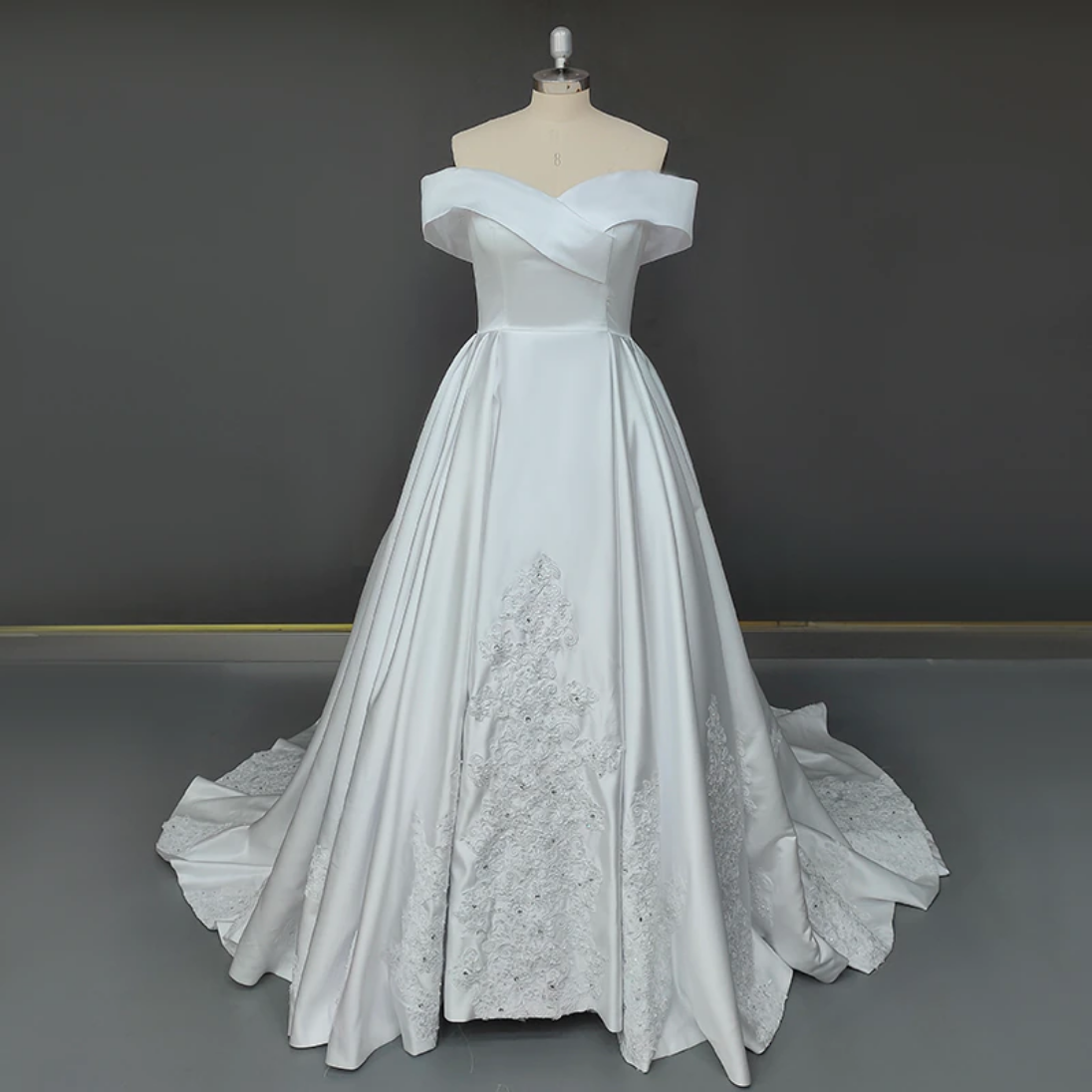 Classic A-Line Off-Shoulder Lace Satin Wedding Dress