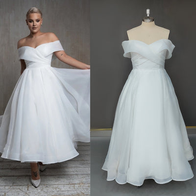 Off Shoulder Criss Cross Ruched Soft Organza Ankle Length Bridal Gown