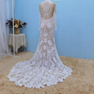 Unique Long Sleeve Crochet Lace Boho Mermaid Wedding Dress