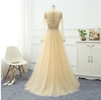 A-Line Beading Lace Long Sleeve Sheer Back Evening Dress Evening & Formal Dresses BlissGown 