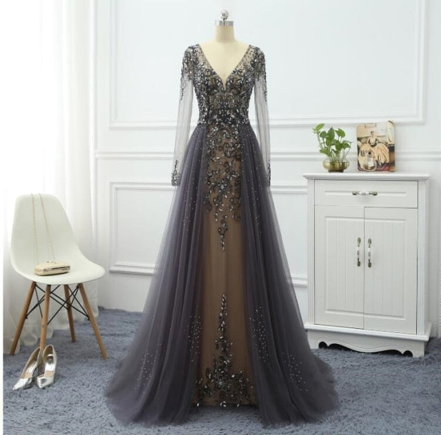 A-Line Beading Lace Long Sleeve Sheer Back Evening Dress Evening & Formal Dresses BlissGown Dark gray 4 