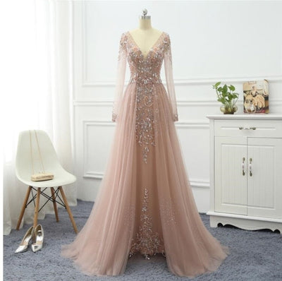 A-Line Beading Lace Long Sleeve Sheer Back Evening Dress Evening & Formal Dresses BlissGown Pink 2 