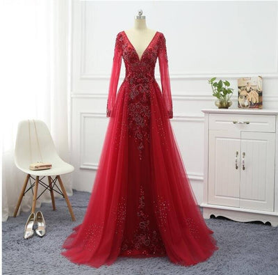 A-Line Beading Lace Long Sleeve Sheer Back Evening Dress Evening & Formal Dresses BlissGown Red 4 