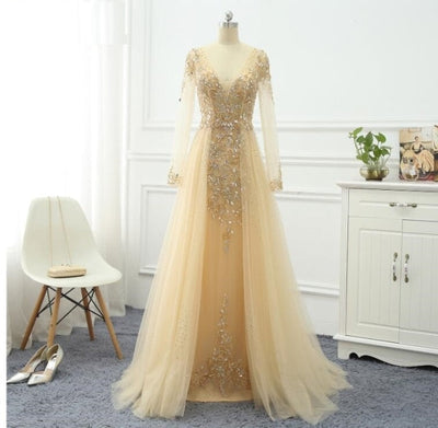 A-Line Beading Lace Long Sleeve Sheer Back Evening Dress Evening & Formal Dresses BlissGown Yellow 2 
