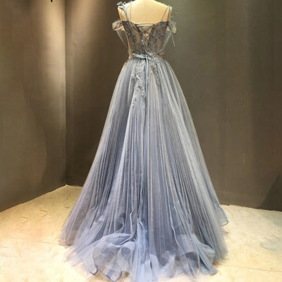 A-Line Blue Tulle Beading Flowers Sexy Evening Dress Evening & Formal Dresses BlissGown 