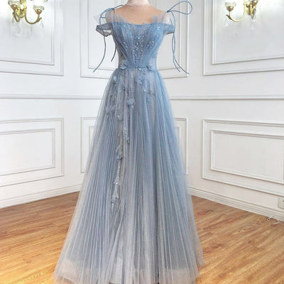 A-Line Blue Tulle Beading Flowers Sexy Evening Dress Evening & Formal Dresses BlissGown 