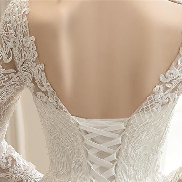 A-Line Button Open Back Long Sleeve Vintage Corset Wedding Dress Classic Wedding Dresses BlissGown 